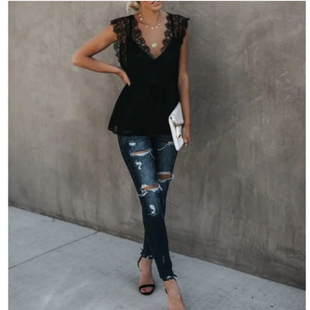Black Lace Tank Top With Removable Racerback Camisole - Picture 6 of 16